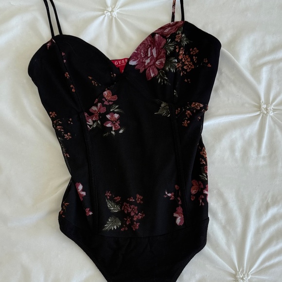 Guess Tops - Guess Black and Burgundy Floral Bodysuit